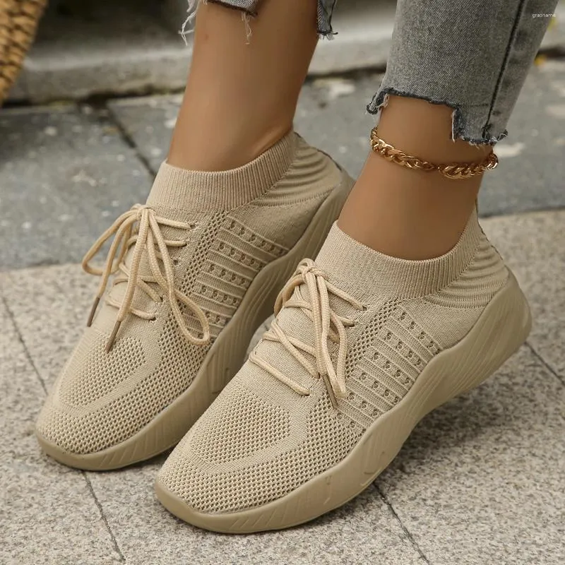 Casual Shoes Breathable Knitted Mesh Sneakers Women Lightweight Non-Slip Running Walking Woman 2024 Spring Lace Up Flats