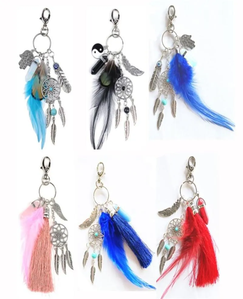 Dream Catcher Key Buckle Natural Crystal Agate Feather Alloy Keyring Womens Bag Keychain Accessories Fashion High Quality 6 5ar M22282092