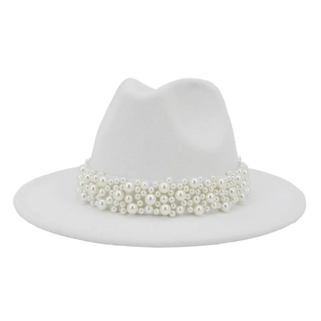 2020 Vrouwen Wide Brim Imitatie Wol File Fedora Hats Fashion Church Party Vrouwelijke jurk hoed Pearl lint decor Witte hoed1932385