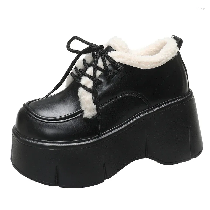 Casual Shoes 9cm mikrofiber läder kilpumpar plattform varm plysch snörning hög märke mode vinter ankel stövlar kvinnor svarta loafers