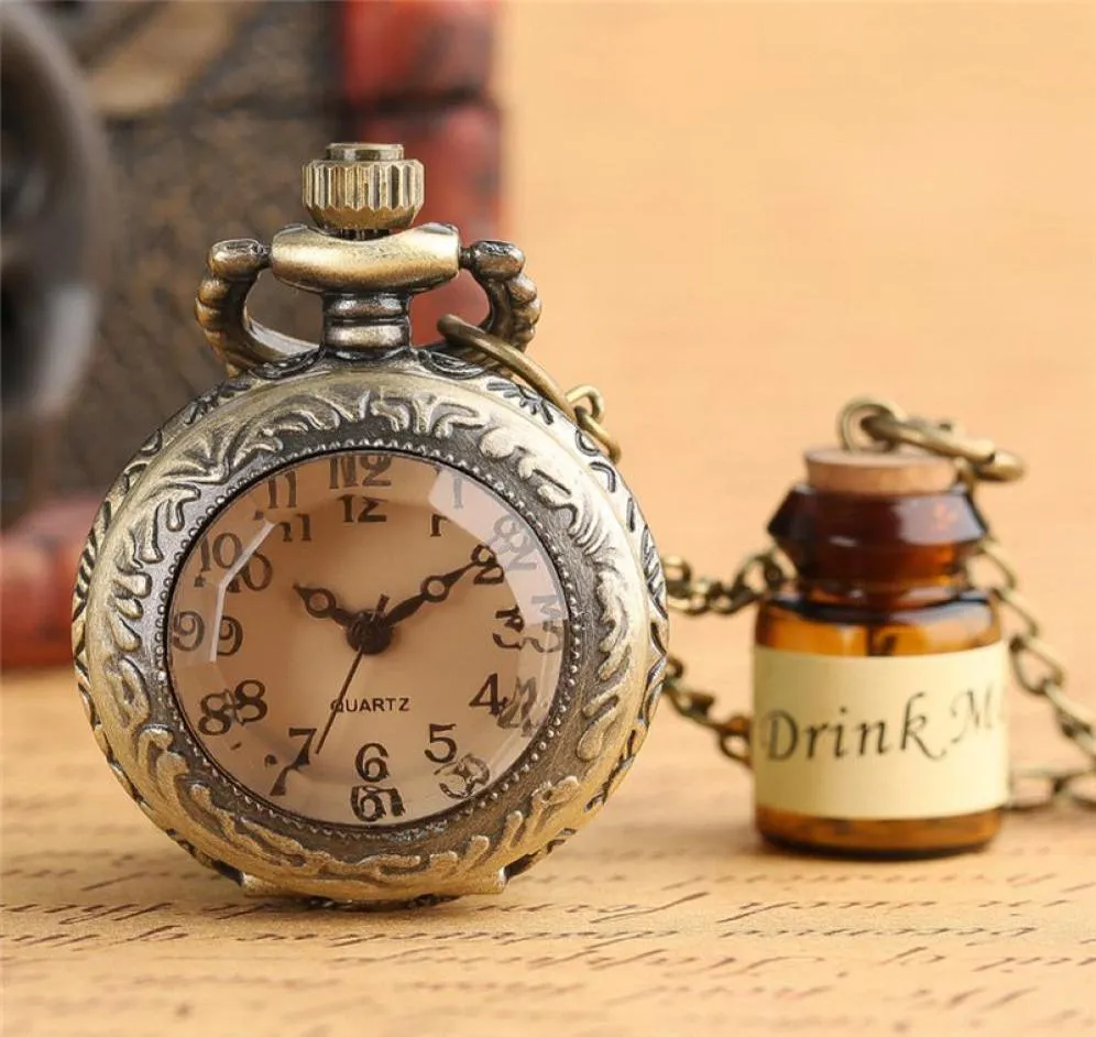 Vine Creative Drink Me Gão de vidro Bottle Pocketkes Watches Analog Watch for Women Lady Girl Relógio Colar Pingente Cadeia Presente1023839