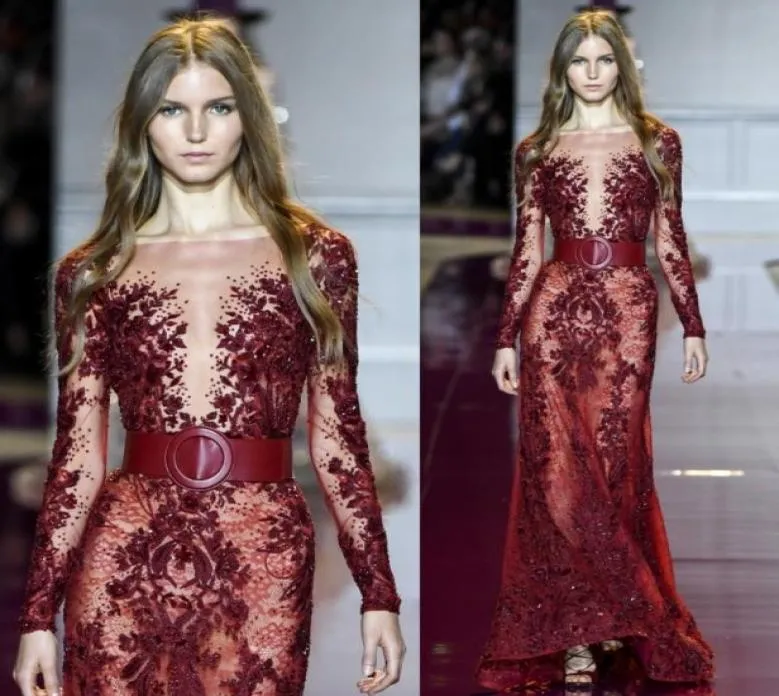 Zuhair Murad Lange mouwen avondjurken Bateau Appliques Lace Parnins beroemde jurken Vloer Lengte avondfeestje Wear3531834