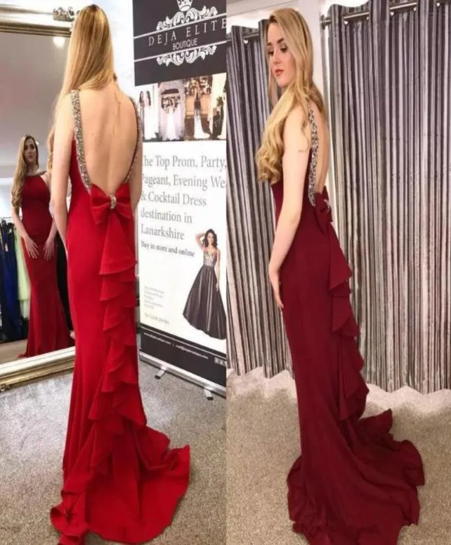 Sexy Open Back Vestidos De Festa with Bow Beaded Scoop Neck Sleeveless Prom Dresses Long Sweep Ruffles Mermaid Evening Gowns2184382