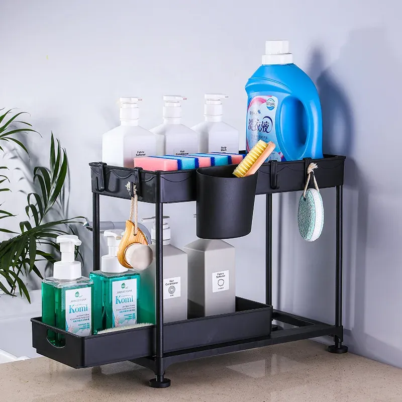 Rack 1 Pack Under Sink Organizer, 2 Tier Sliding Badrumskåpsarrangör och förvaring Dra ut hyllan Sliding Organizer Box