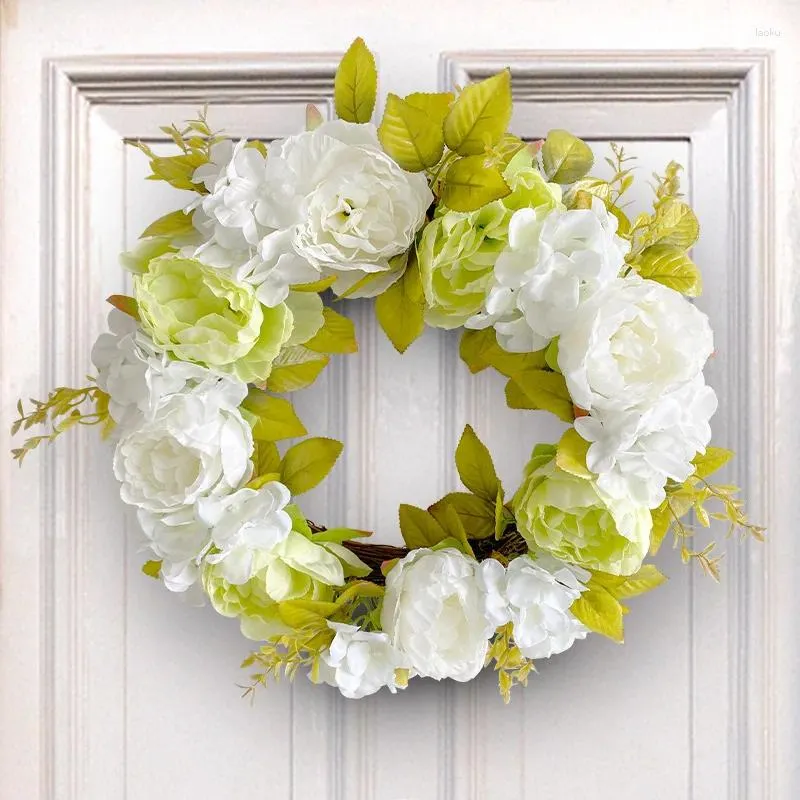 Decoratieve bloemen groen en witte pioen krans hangende decoratie deur woonkamer dode tak rattan cirkel dubbele hanger