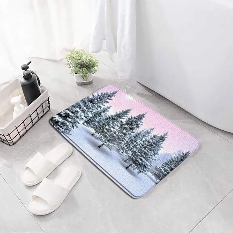 Bath Mats Cedar Forest Snow Scene Mat Anti Slip Bathroom Rug Foot Toilet Carpet Christmas Themed Decor Machine Washable