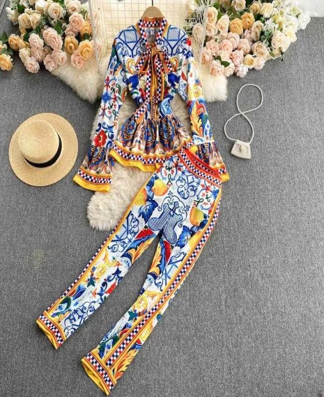 Print Runway Fashion Moda elegante Vintage Pant Suit Ruffle Blouse Top e calça longa Conjunto de duas peças Women Women039S7856272
