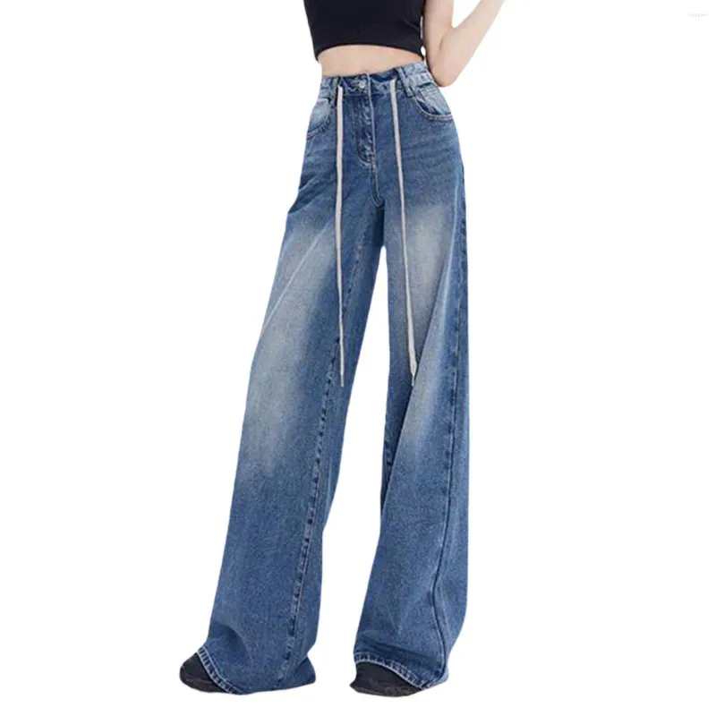 Женские джинсы Американская ретро -вода для мытья вода Рисование веревка высокая талия с широко раскрытыми штанами женские брюки