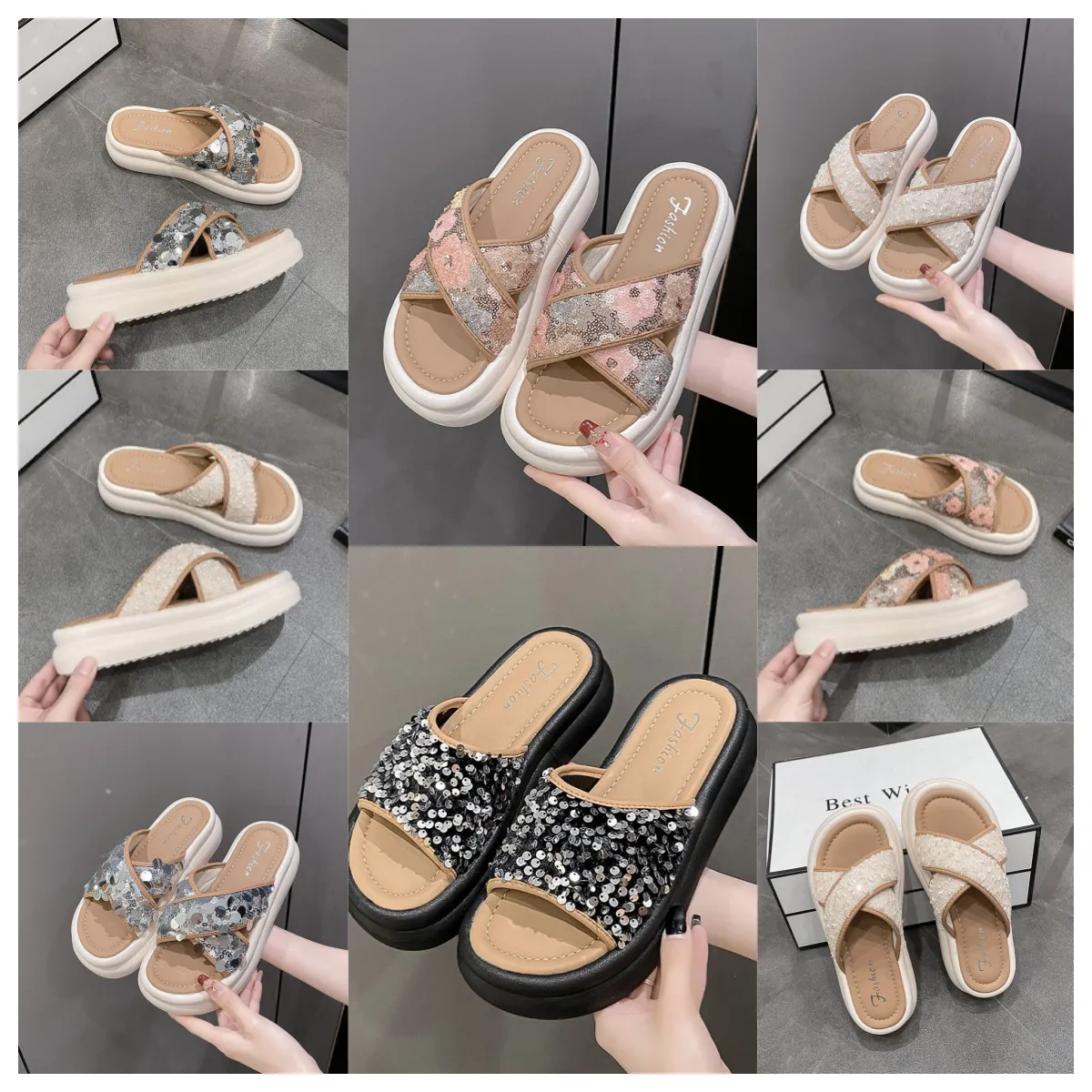 Лучшие роскошные толстые приполагаемые перекрестные ремешки Cool Slippers Women Black White Exquisite Sequin Sponge Cake Sole One Line Модные тапочки размером 35-41