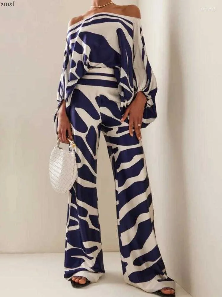 Womens Two Piece Pants Women Print Satin Outfit Summer Lantern Sleeve Off Shoulder Blouse Office Lady 2 Sets Fashion Casual Wide Leg Suits APNY