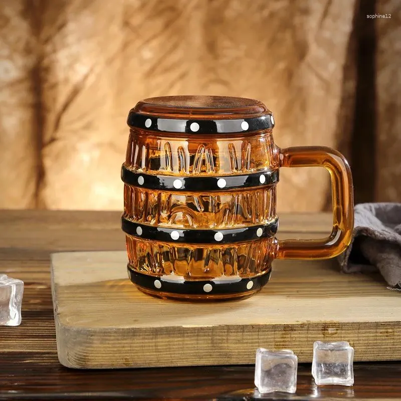 Verres à vin 1 pc 470 ml de grande capacité en bois de baril en bois tasse de bière en verre avec poignée et couvercle de l'ambre comme une pièce pirate steins tasse