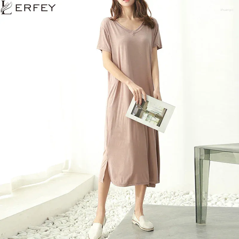 Party Dresses LERFEY Summer Dress Women Casual T Shirt Black Solid Split V Neck Loose Midi Vestidos Clothings