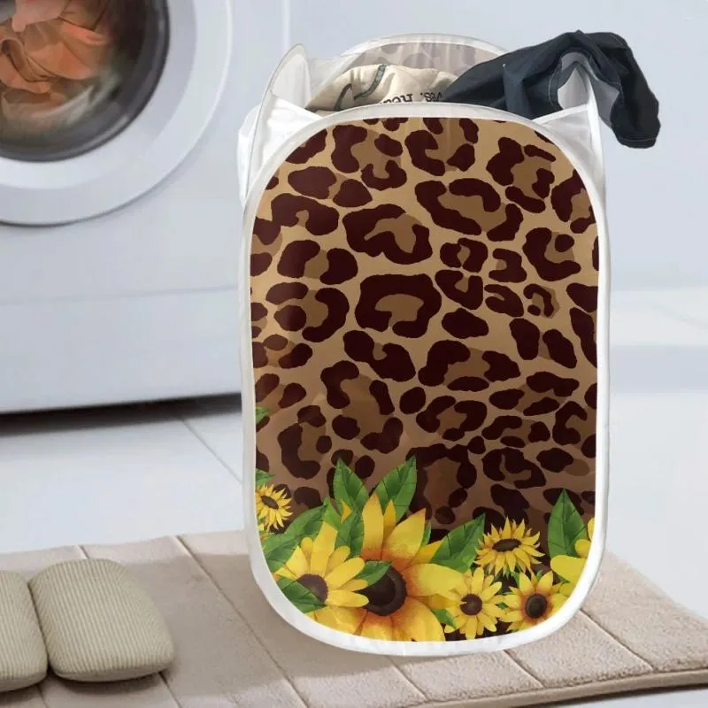 Laundry Bags Foldable Basket Leopard Print And Sunflower Storage Home Accessories Clothes Large