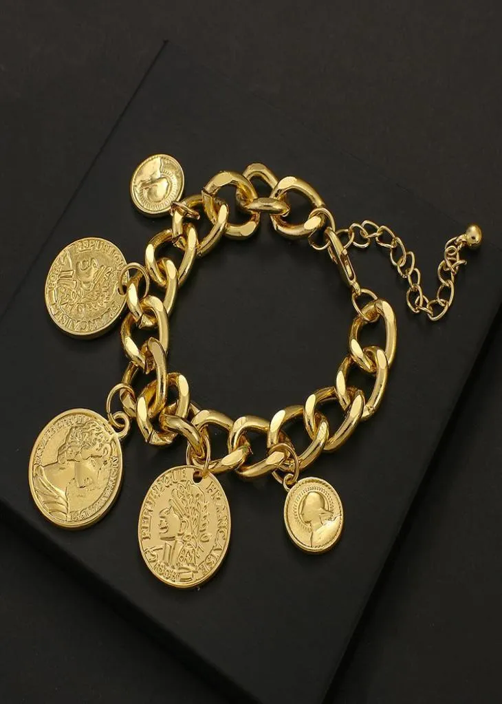 Bracelets de charme Bangle Link Flashbuy Large Gold Punk Chain Coins Personnalité Portrait vintage pour femmes Jielts de mode Accessorie9159257