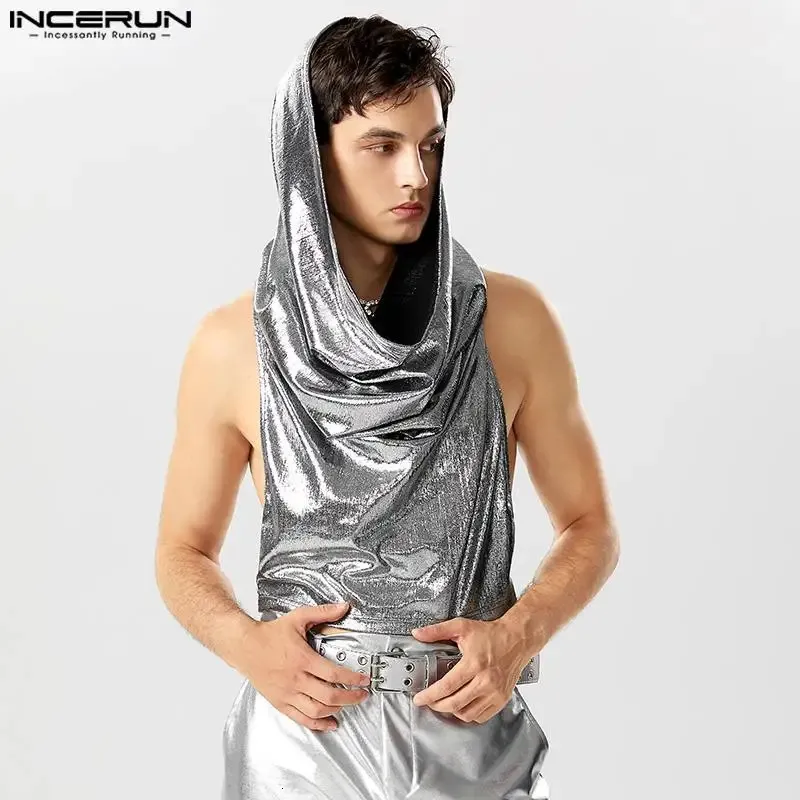 Men Tank Tops Sparkling Hooded V Neck Sleeveless Solid Irregular Vests Streetwear Party Fashion Men Crop Tops S-5XL INCERUN 240410