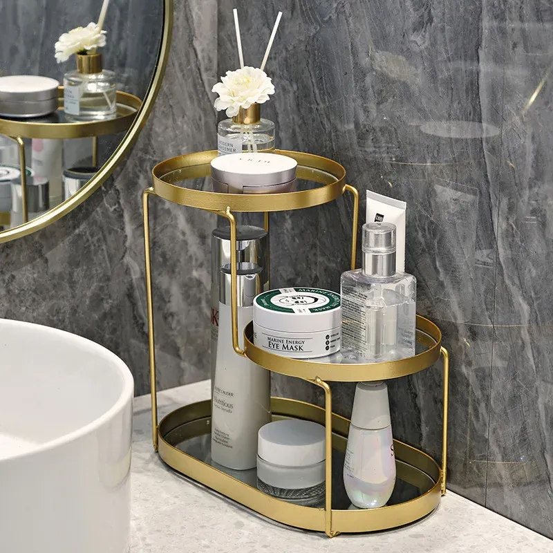 Racks Organisateur de maquillage de parfum nordique à 3 niveaux pour Cosmetics Golden Perfume Affiche Rack Luxury Bathroom Container Bourse Storage