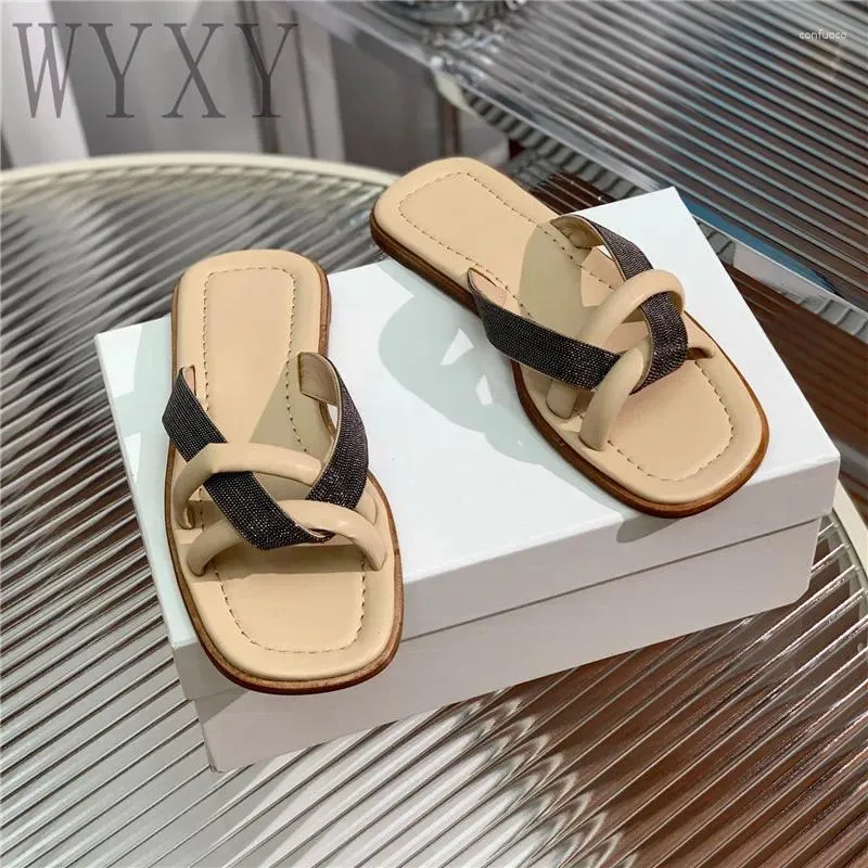 Slippers Summer Open Toe Fashion Vérine en cuir authentique Femme String Bead Leisure Flats Beach Shoes Retro Cross Strap Concis