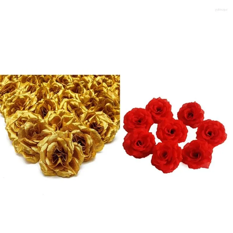 Dekorativa blommor 100x Artificial Silk Rose Flower Heads For Hat Clothes Decoration Wedding (Goldred)