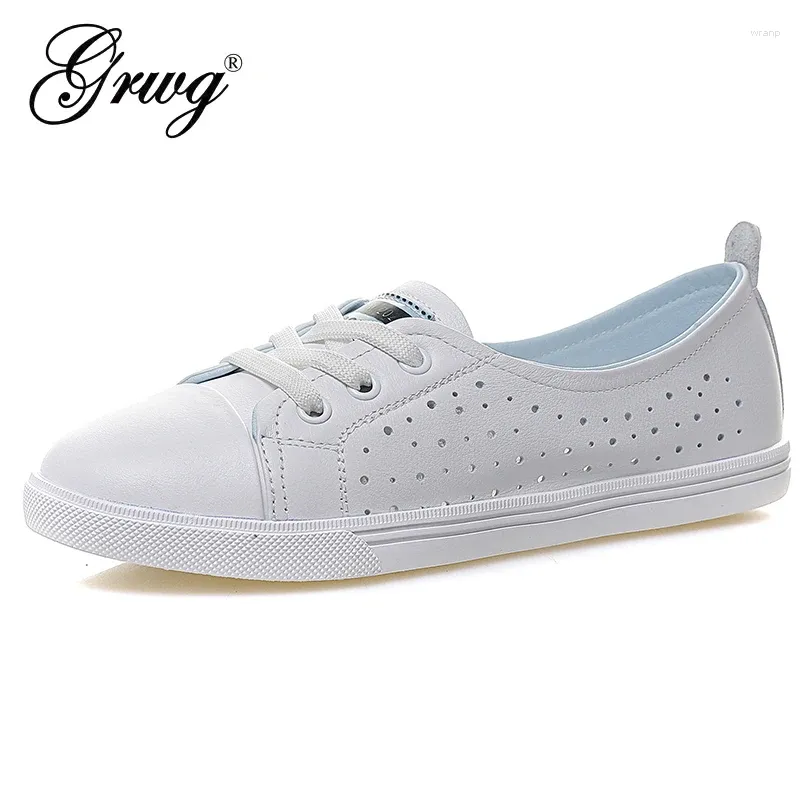 Casual schoenen grwg echte lederen vrouwen uitsparingen sneakers vrouwelijke zomer witte slip op flats ademende buitenfeetwear