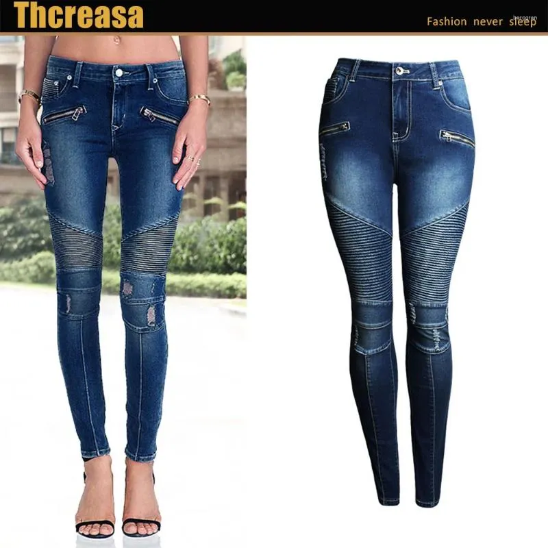 Jeans femininos 2024 roupas de moto com orifícios elásticos finos e elásticos e finos calças lápis de cintura