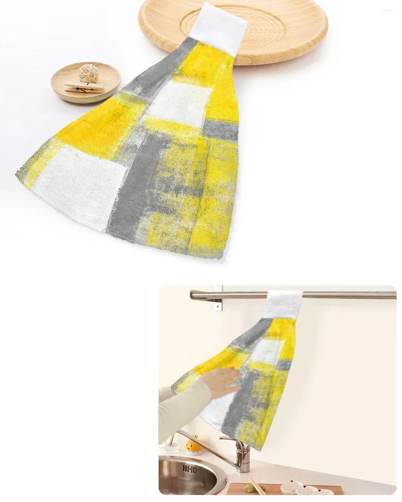 タオルオイルペインティングアブストラクト幾何学的黄色のハンドタオルホームキッチンバスルーム吊り食器布団ループ吸収性カスタムワイプ