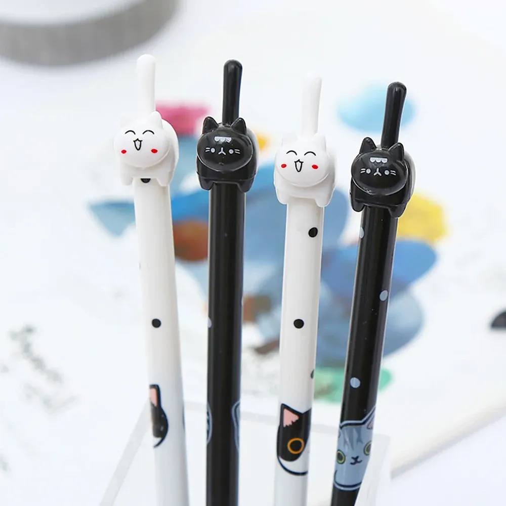 Pens 36pcs Koreli Komik Kara Kedi Kalem Sevimli Kawaii Kalem Beyan Mavi Mürekkep Okula Geri Okula Geri Rollerball Serin Kırtasiye Şey Şey