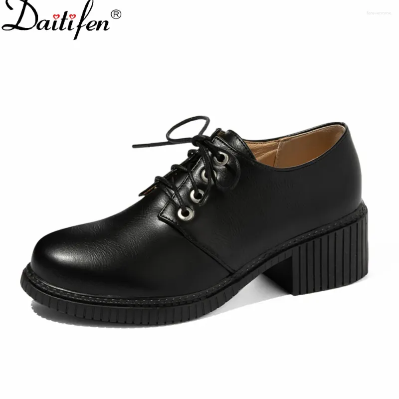 Dress Shoes Daitifen Women Sweet Oxford Leisure Square Heel Pumps Lace-up Simple & Elegant Spring Autumn Outdoor Casual