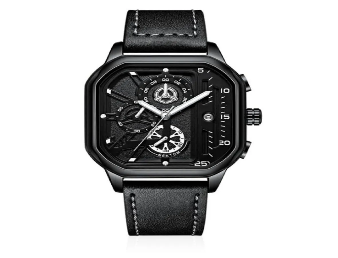 Nektom Brand Hollow Out Mens 시계 정확한 석영 시계 가죽 스트랩 Luminous Square Dial Wristwatches7633723