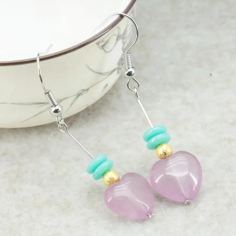 Kolczyki Dangle 12 mm Serce Shape Purple jades chalcedony kropla z abakus błękitne koraliki żywicy