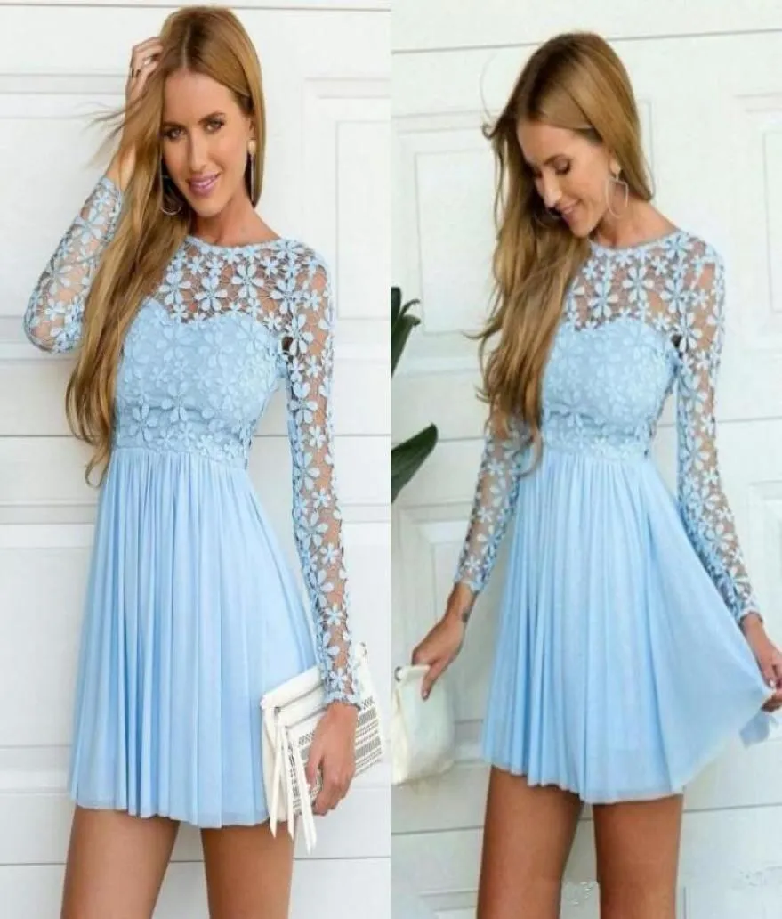 Nouveau designer bleu clair à manches longues à manches longues Crochet tulle robes de bal de bal mignonne en dentelle à manches longues robe courte occasion fête 4763881