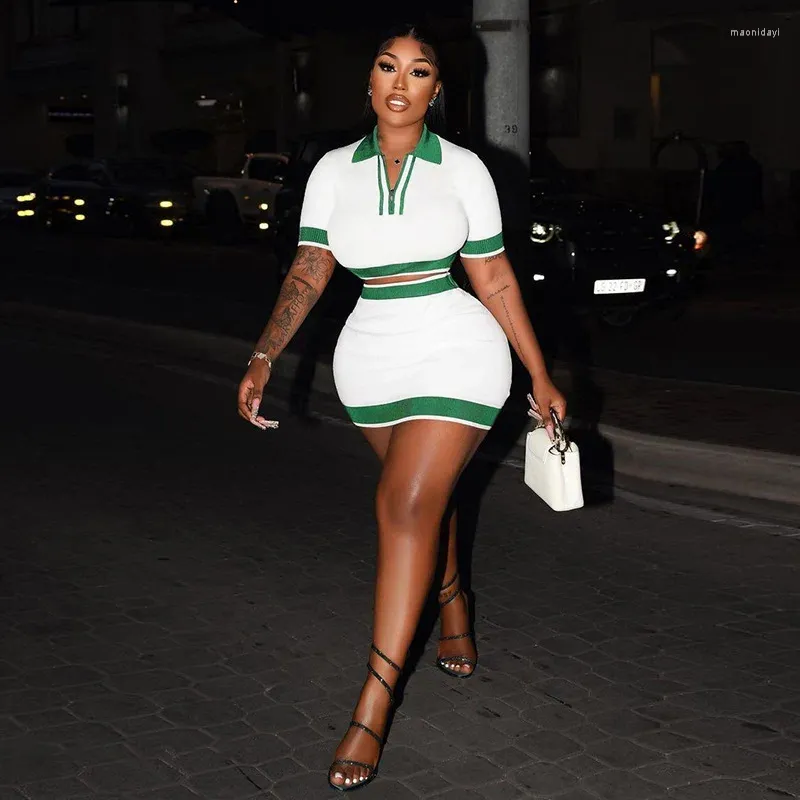 DHgate Womens 2 Piece Knit Skirt Set Summer Casual Polo Neck Short Sleeve Crop Top and Skirt Matching Streetwear Outfits Apparel