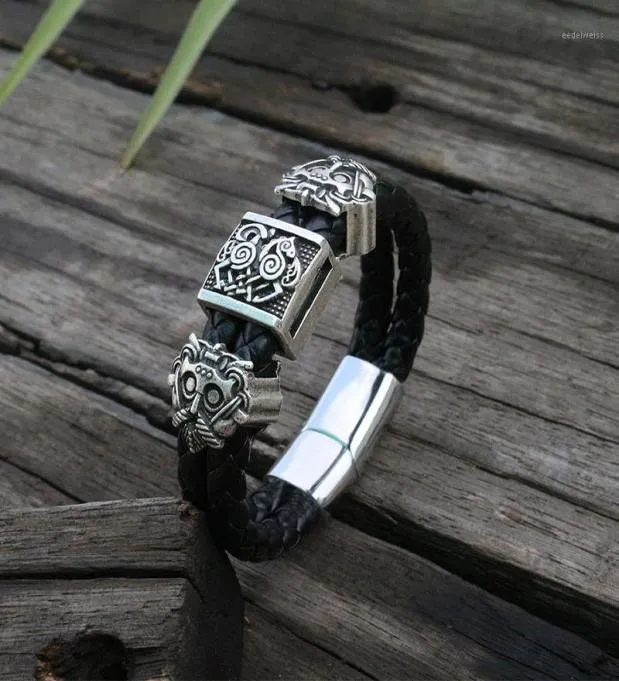 Pulseiras de charme viking eslavo pulseira de couro de gama preta em couro preto punho de aço inoxidável fecho magnético 100 pulseiras genuínas14561857