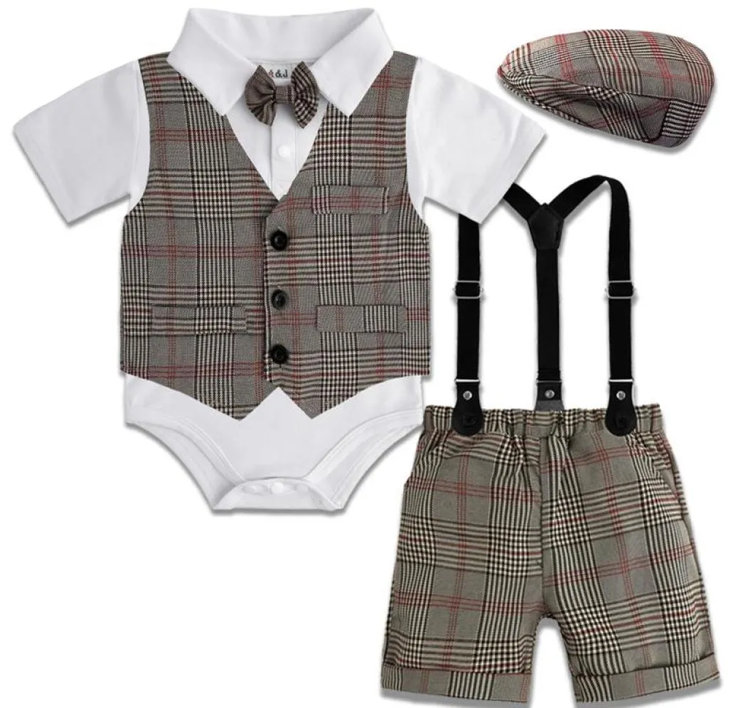 Kläder sätter baby pojkar gentleman outfit spädbarn brittisk vintage småbarn rutig bröllop födelsedagsfest gåva kostymer 4pcs4791625