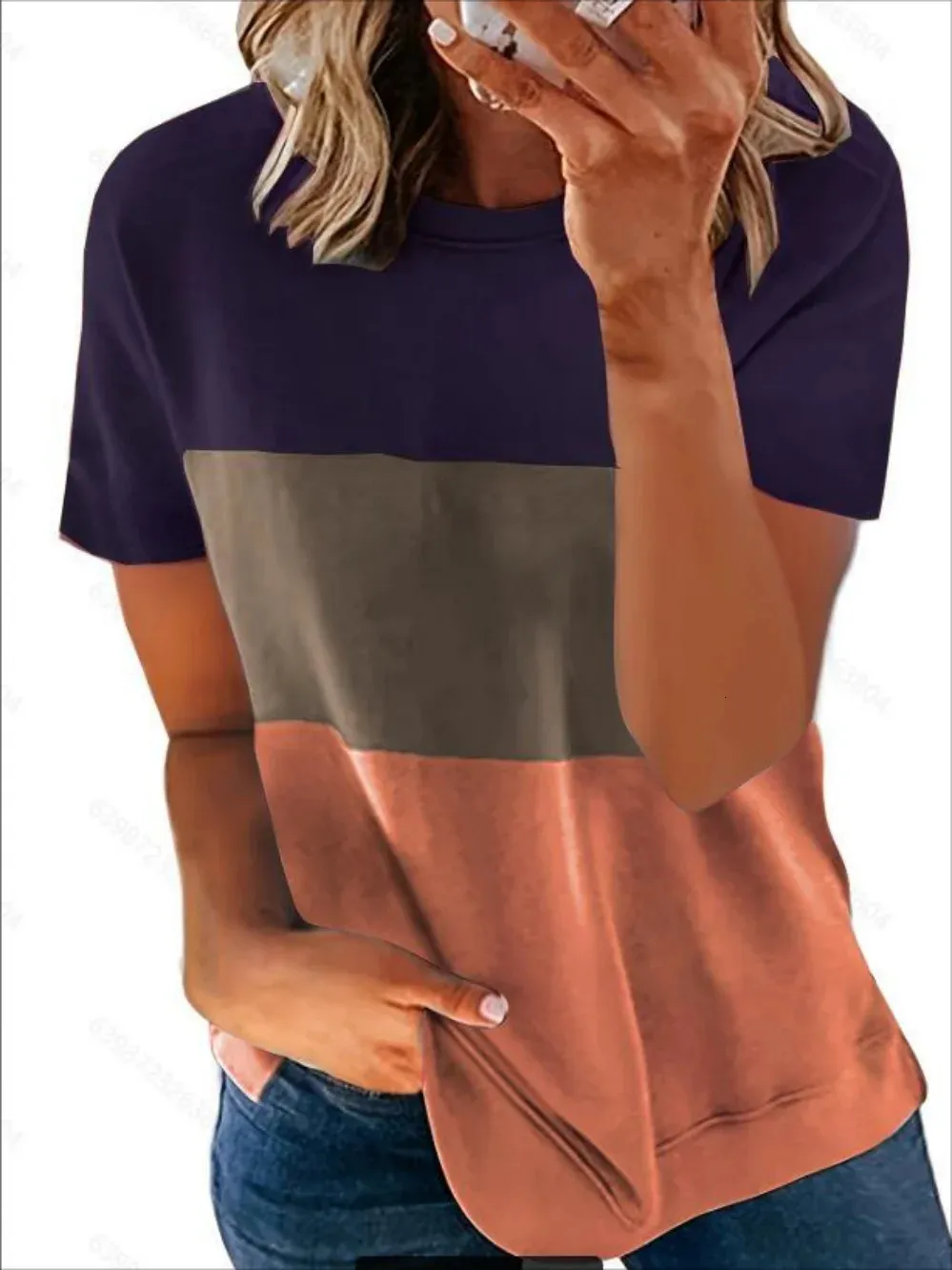 2024 Plus Size Womens European and American Casual Round Neck Short Sleeve Patchwork TShirt Tops 240412