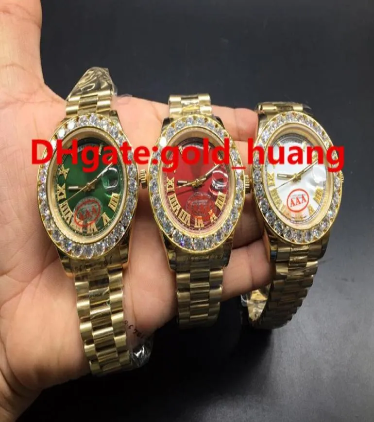 Luxury 43mm Gold Big Diamonds Mechanical Man Watch Red Green White Blue Gold Dial Gold High Galicity Automático Aço Anterior Men1950783