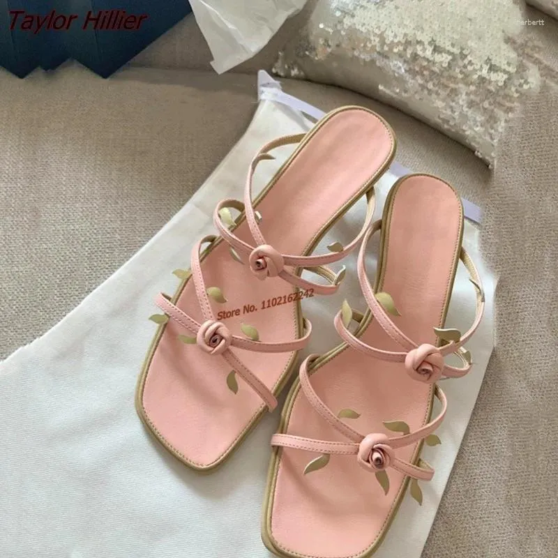 Slippers French Retro Square Head Flower Women 2024 Summer Mid-Heel Comfortable Outerwear All-Match Dress Sandals And