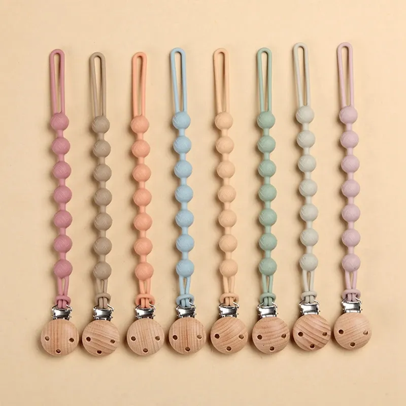 Beech Wood Chew Bead Pacifier Clips Dummy Chain Holder Born Soother Chains Nipple For Babies Toing Toy Baby 240409