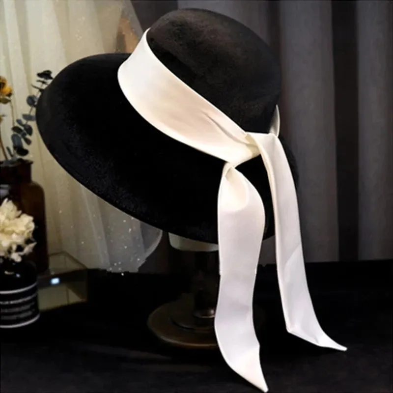 Elegant Black Velvet Hat with Ribbon BLACK Velvet & Cotton Half Hat // Headpiece Vintage 30s 20s  main image 2