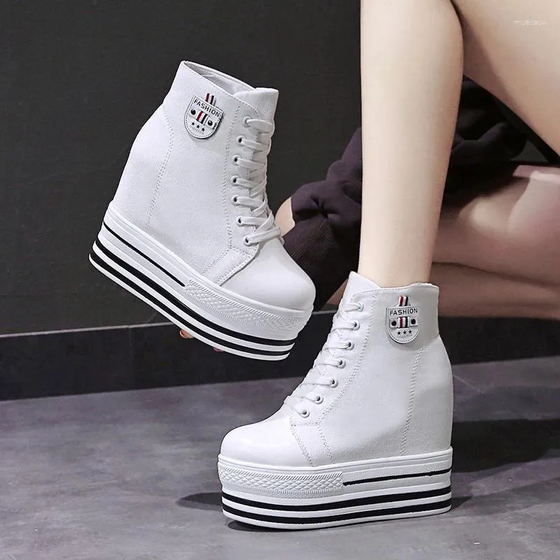 Casual Shoes 12cm Classic Hidden Heels Platform Sneakers Kvinnor andas kil Canvas Woman Ladies Boots Autumn Zapatos Mujer