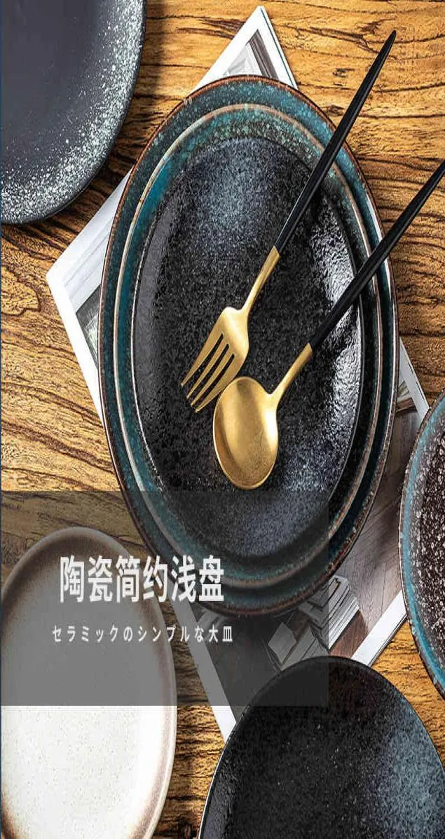 Simple Japanese and Korean Black Ceramic Round Shallow Plate Snack Pasta Steak Family Western Food Tableware5970733