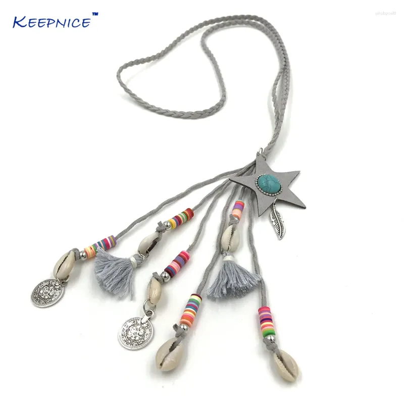 Pendant Necklaces 2024 Handmade Leather Cord Five Stars Pentagram Pendants Ethnic Long Necklace For Women Girl