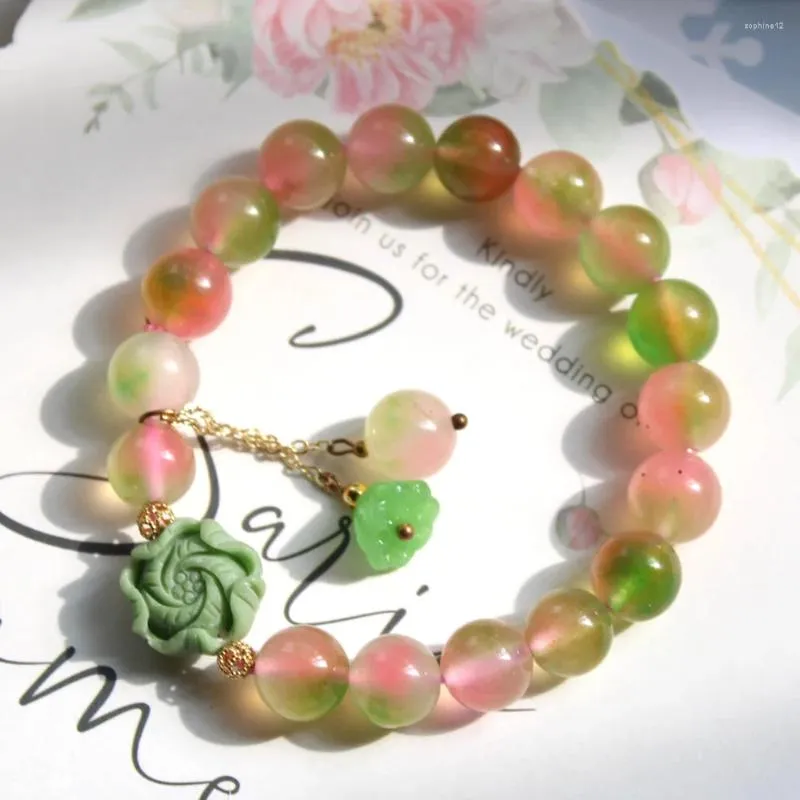 Figurines décoratives Chalcédoine de couleur naturelle Bracelet de perle rond en cristal de pierre de pierre avec charmes de sculpture de lotus