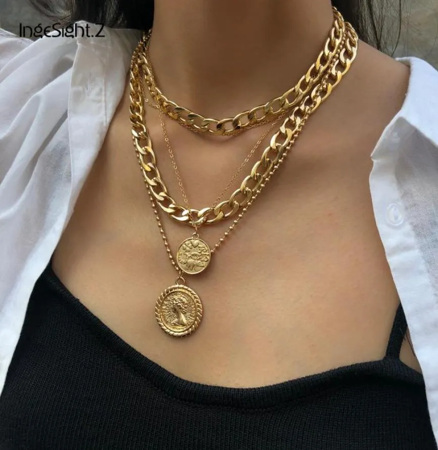 Punk Multi Layer Curb Cuban Chunky Thick Portrait Choker Necklace Women Vintage Carved Coin Pendant Necklace Jewelry2397089