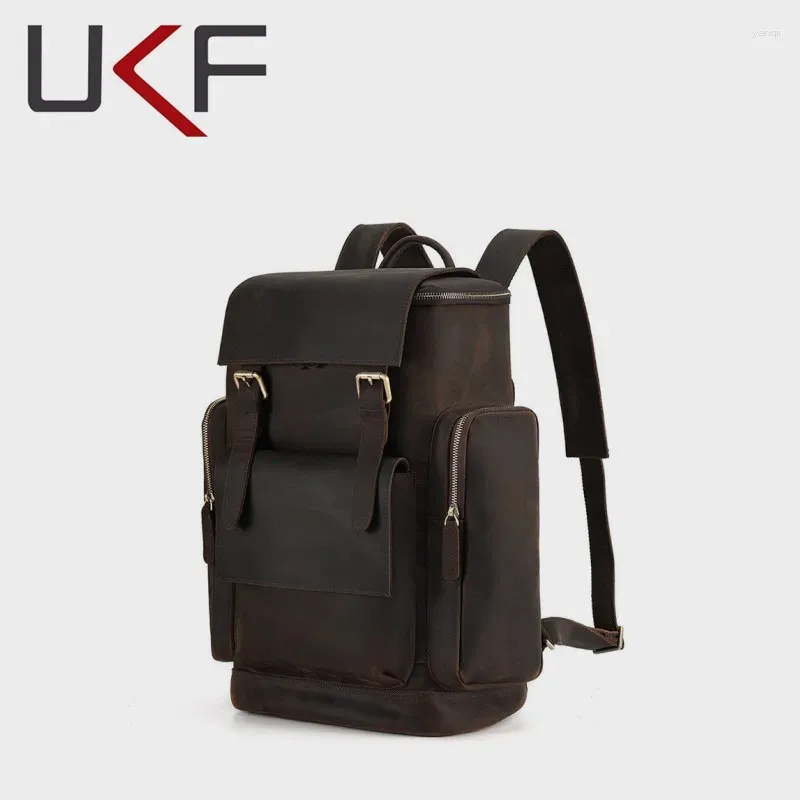 Backpack UKF Retro Genuine Leather Men Large Capacity Laptop Bag School Male Shoulder Bags Travel Backpacks