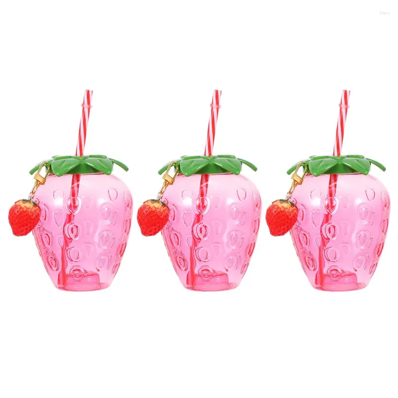 Engångskoppar sugrör 3 st mugg jordgubbar modellerande kall drickande klar tumlare härlig drycksaft