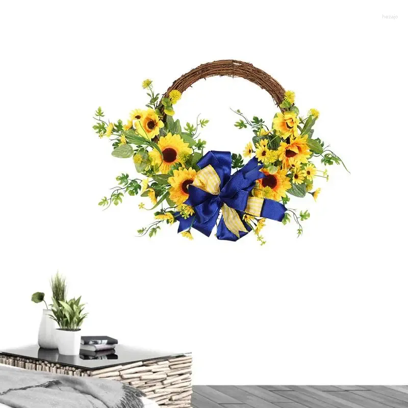 Decorative Flowers Spring Wreath Sunflowers Door Decoration Farmhouse Rustic Green Leaves Hanger Artificial Rattan Hoop