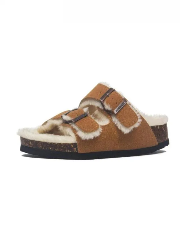 Slipare 2022 Autumn Sheep Cork Slipper Women Casual äkta läder utanför fast spänne mjuka plyschskor skor 3545Slippers6604220