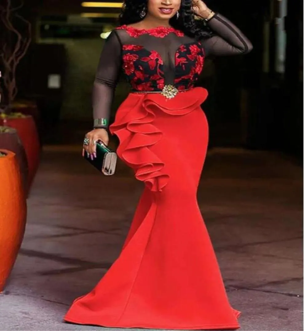 Aso Ebi Robes de bal Black Tulle Top Long Manyves Sirène Robes de soirée avec Applique Ruffles Maid of Honor Party Vesti5687637