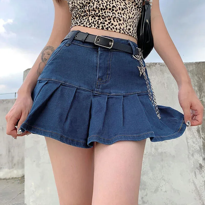 Harajuku Punk Y2K Denim Mini Pleated Skirt Ladies Summer High Waist Jeans Shorts Skirts Women Ruffles Fashion Korean 240412