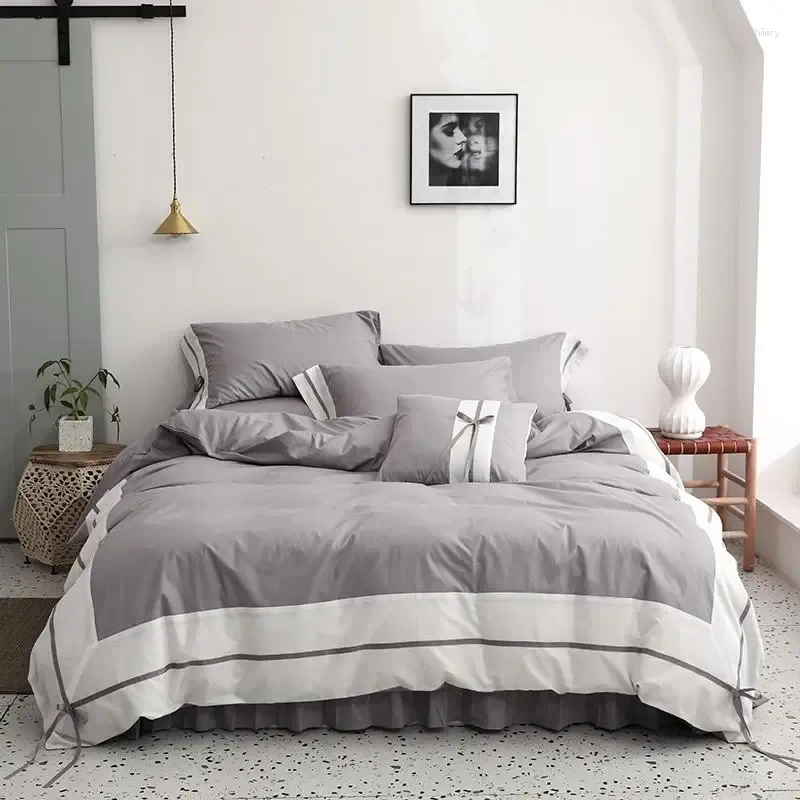 Conjunto de roupas de cama algodão branco cinza cinza rabiscado tampa de tampa de edredão conjunto de 4/6pieces Ultra Soft Gold Composter Bed Sheet Shams